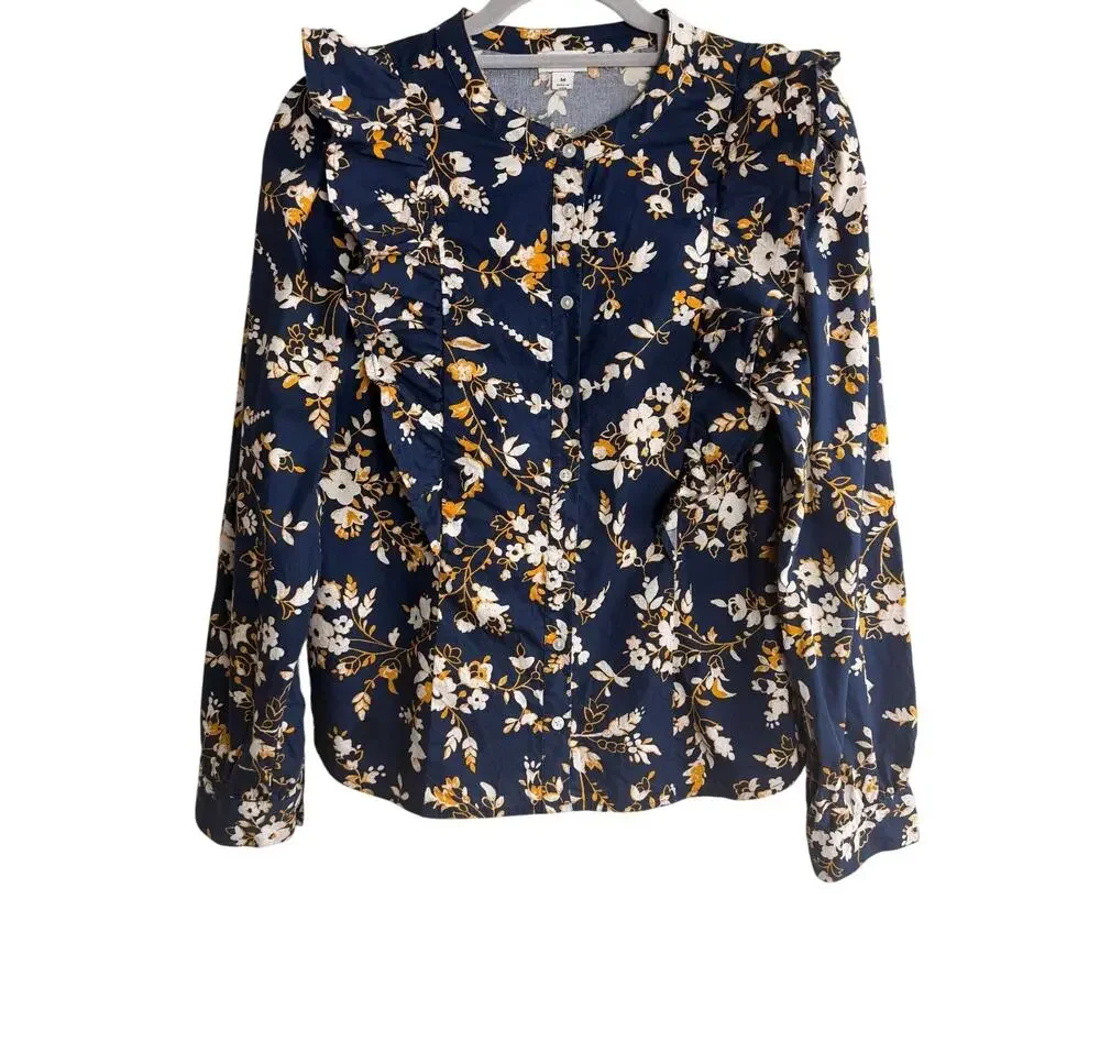 J.Crew Floral Ruffle Blouse Medium Navy Blue Cotton Button Front Classic Top